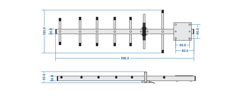 Technische Zeichnung der Delock LPWAN 806 - 896 MHz Yagi Antenne