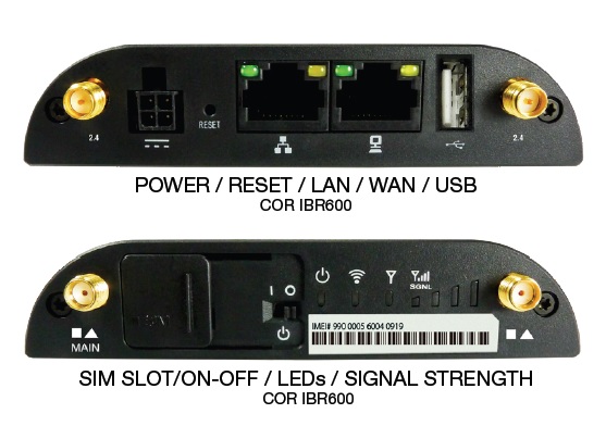 LTE Router IBR600: Anzeigeelemente und Antennen IBR600 Anzeigeelemente und Antennenanschlüsse
