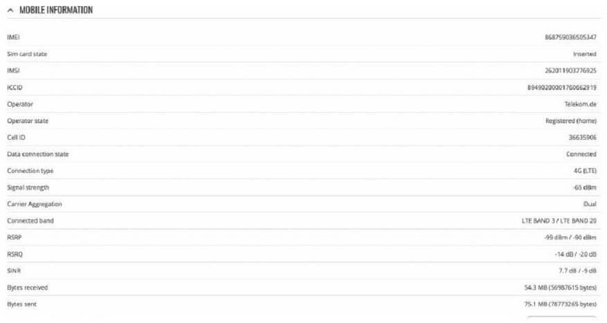 Statusanzeige für Messwerte (RSRP, RSRQ etc.) am RUTX12 Statusanzeige für Messwerte (RSRP, RSRQ etc.) am RUTX12